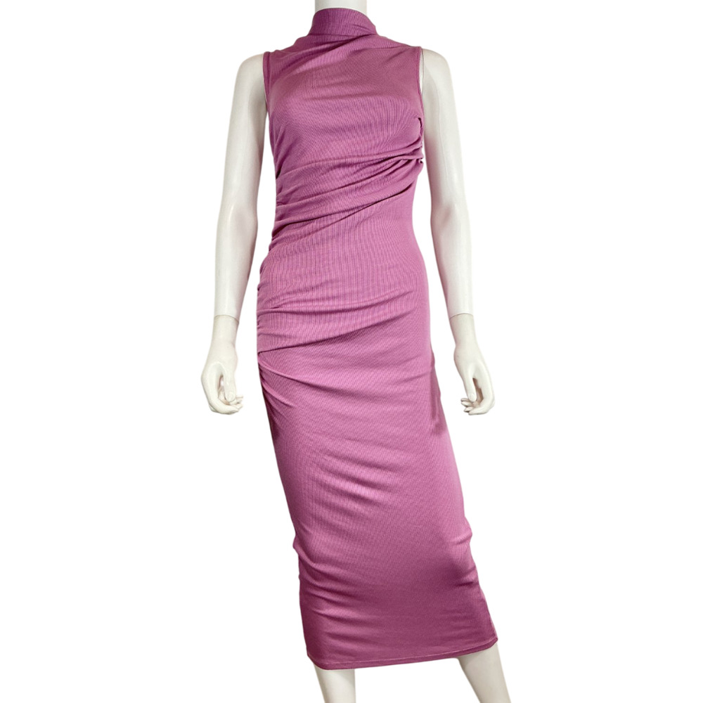 Enza Costa Ribbed Lilac Sleeveless Twist Midi Dress Size L - Picture 2 of 4